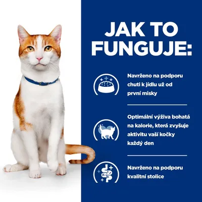 JAK TO FUNGUJE: Navrženo na podporu chuti k jídlu už od první misky. Optimální výživa bohatá na kalorie, která zvyšuje aktivitu vaší kočky každý den. Navrženo na podporu kvalitní stolice.