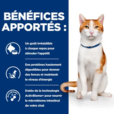 Bénéfices apportés : goût irrésistible, protéines hautement digestibles, technologie ActivBiome+ pour nourrir le microbiome intestinal du chat. Texte en français (fr_BE).