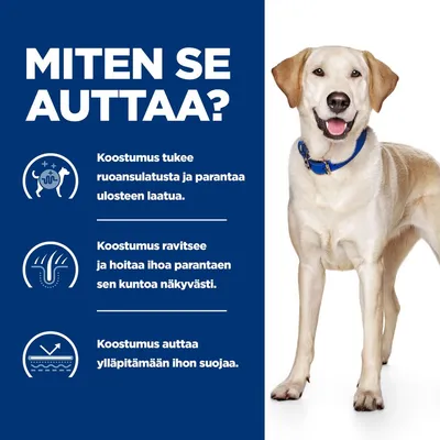 Teksti: Miten se auttaa? Koostumus tukee ruoansulatusta ja parantaa ulosteen laatua. Koostumus ravitsee ja hoitaa ihoa parantaen sen kuntoa näkyvästi. Koostumus auttaa ylläpitämään ihon suojaa.