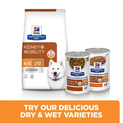 Hill's Prescription Diet Kidney + Mobility k/d j/d food shown in dry and wet varieties with text: Try our delicious dry & wet varieties. Veterinarian recommended.