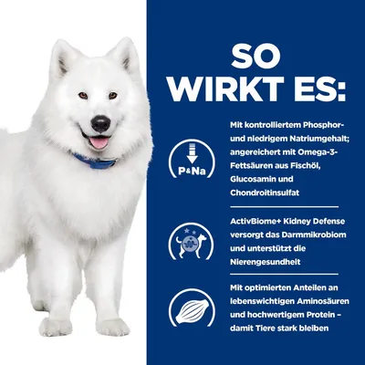 So wirkt es: Kontrollierter Phosphor- und niedriger Natriumgehalt, Omega-3-Fettsäuren, Glucosamin, ActivBiome+ Kidney Defense für Darmmikrobiom, optimierte Aminosäuren und Protein für Stärke.