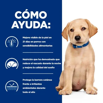CÓMO AYUDA: Mejora visible de la piel en 21 días en perros con sensibilidades alimentarias. Reduce el rascado nocturno y mejora el sueño. Protege la barrera cutánea todo el año.