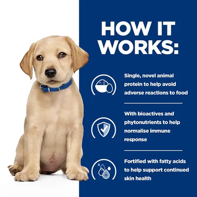 HOW IT WORKS: Single, novel animal protein to help avoid adverse reactions to food. With bioactives and phytonutrients to help normalise immune response. Fortified with fatty acids to help support continued skin health. (angol nyelvű szöveg)