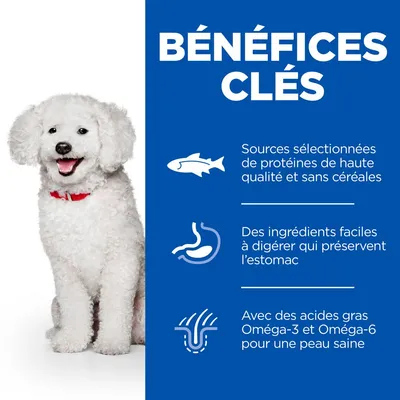 BÉNÉFICES CLÉS : sources sélectionnées de protéines de haute qualité et sans céréales, ingrédients faciles à digérer, Oméga-3 et Oméga-6 pour une peau saine.