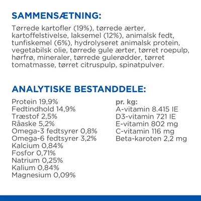Sammensætning: tørrede kartofler 19 %, laksemel 12 %, tunfiskemel 6 %, animalsk fedt, grøntsager. Analytiske bestanddele: protein 19,9 %, fedt 14,9 %, omega-3 0,8 %, vitaminer pr. kg.