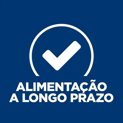 Texto: ALIMENTAÇÃO A LONGO PRAZO, com um visto branco dentro de um círculo. Texto em maiúsculas sobre fundo azul.