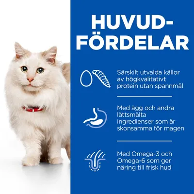 HUVUDFÖRDELAR: Särskilt utvalda källor av högkvalitativt protein utan spannmål. Med ägg och andra lättsmälta ingredienser som är skonsamma för magen. Med Omega-3 och Omega-6.