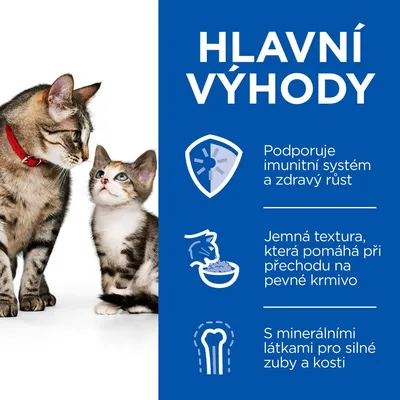 Text v češtine: Hlavní výhody. Podporuje imunitní systém a zdravý růst. Jemná textura, která pomáhá při přechodu na pevné krmivo. S minerálními látkami pro silné zuby a kosti.