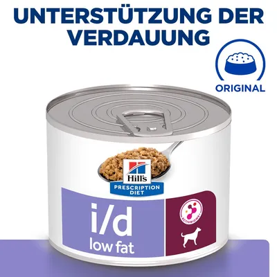 Hill's Prescription Diet i/d low fat Nassfutter für Hunde, Unterstützung der Verdauung, Original-Rezeptur mit ActivBiome+, Dose abgebildet.
