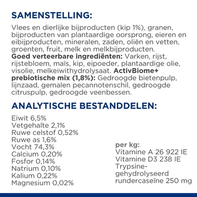 Samenstelling: vlees, dierlijke bijproducten (kip 1%), granen, plantaardige bijproducten, eieren, mineralen, zaden, oliën, groenten, fruit. Eiwit 6,5%, vetgehalte 2,1%, vocht 74,3%.