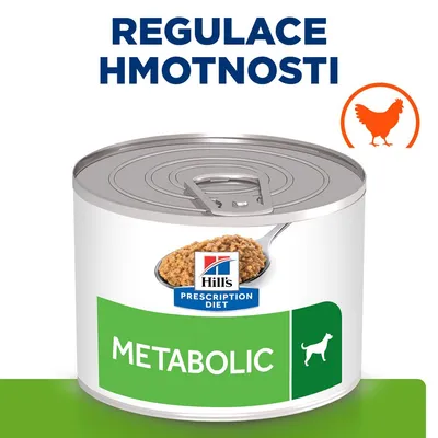 Konzerva Hill's Prescription Diet Metabolic s nápisem REGULACE HMOTNOSTI, obrázek psa a kuřete, zelený štítek METABOLIC.
