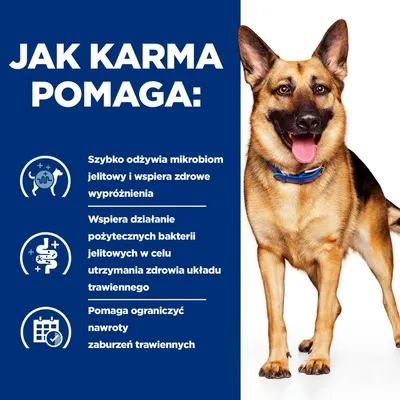 Jak karma pomaga: szybko odżywia mikrobiom jelitowy, wspiera zdrowe wypróżnienia, działanie pożytecznych bakterii i ogranicza nawroty zaburzeń trawiennych. Tekst w języku polskim.