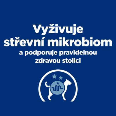 Vyživuje střevní mikrobiom a podporuje pravidelnou zdravou stolici. Obrázek psa s ikonou střeva a hvězdami.