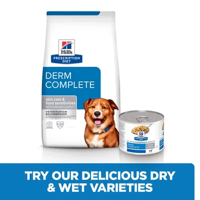 Hill's Prescription Diet Derm Complete dry food bag and wet food tin, visible text: skin care & food sensitivities, veterinarian recommended. Banner: Try our delicious dry & wet varieties.