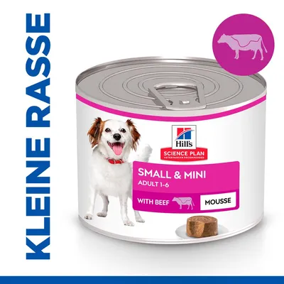 Hill's Science Plan Small & Mini Adult 1-6 Mousse mit Rind für kleine Hunderassen. Abbildung einer Dose und eines Hundes. Text: Kleine Rasse.
