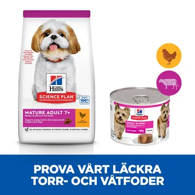 Hill's Science Plan Mature Adult 7+ torrfoder med kyckling och våtfoder Small & Mini med nötkött för små hundar upp till 10 kg. Text: Prova vårt läckra torr- och våtfoder.