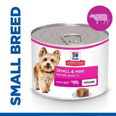 Tin labelled for small and mini mature adult 7+ with beef mousse, featuring a cow icon and text 'SMALL BREED' on the side.