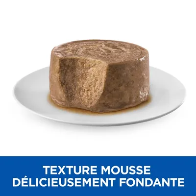Pâtée pour animaux en forme de mousse sur assiette blanche, texte visible : Texture mousse délicieusement fondante