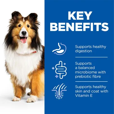 Key benefits: supports healthy digestion, supports a balanced microbiome with prebiotic fibre, supports healthy skin and coat with Vitamin E.
