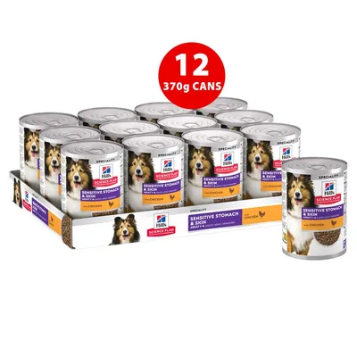 Pack of 12 cans, each 370g, labelled Sensitive Stomach & Skin with chicken. Product packaging shows key features and quantity.