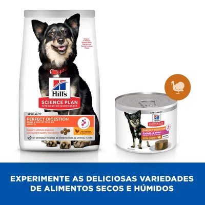 Hill's Science Plan Perfect Digestion para cães pequenos e mini, embalagem de ração seca com frango e arroz integral e lata de alimento húmido com peru. Texto: experimente variedades secas e húmidas.