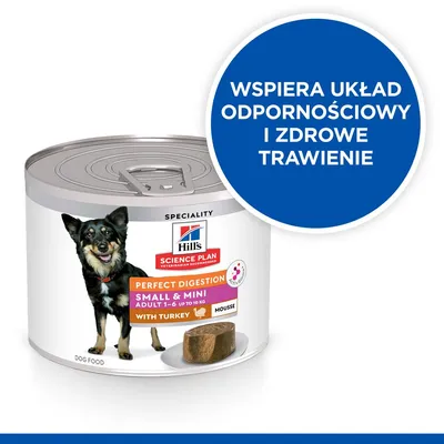 Hill's Science Plan Perfect Digestion Small & Mini Adult 1–6 up to 10 kg with Turkey Mousse. Wspiera układ odpornościowy i zdrowe trawienie.