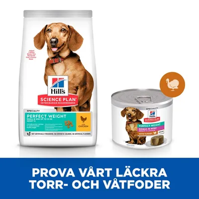 Hill's Science Plan Perfect Weight Small & Mini Adult torrfoder med kyckling och våtfoder med kalkon. Text: Prova vårt läckra torr- och våtfoder.