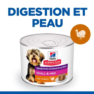 Boîte Hill's Science Plan Sensitive Stomach & Skin Small & Mini with Turkey, texte visible : DIGESTION ET PEAU, image d’un petit chien et d’une dinde stylisée.