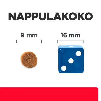 Nappulakoko: nappula 9 mm, vertailun vuoksi sininen noppa 16 mm. Koot esitetty vierekkäin selkeillä mittamerkinnöillä.