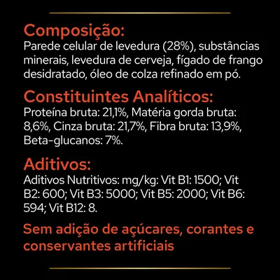 Composição, constituintes analíticos e aditivos: parede celular de levedura 28 %, proteína bruta 21,1 %, fibra bruta 13,9 %, sem adição de açúcares, corantes ou conservantes artificiais.