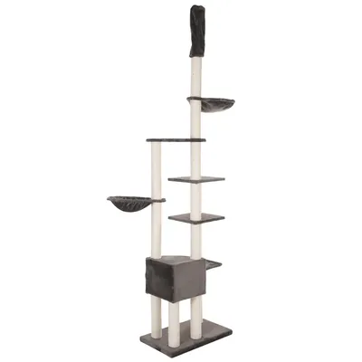 Krabpaal met meerdere sisalstammen, vierkante ligplateaus, twee hangmatten en een kubusvormig huisje, bekleed met grijze stof.