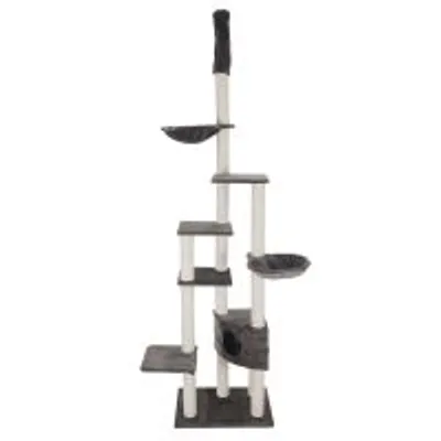 Klatrestativ til katte med flere niveauer, platforme, to hængende senge og en hule. Stammer i lyst rebmateriale, platforme og senge i mørkt stof.