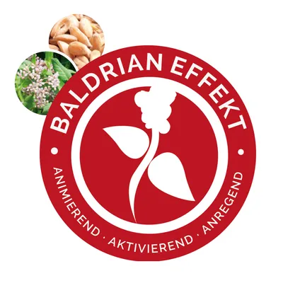 Baldrian Effekt: povzbuzující, aktivující, stimulující. Červený kruh s rostlinou baldriánu, obilím a květy baldriánu.