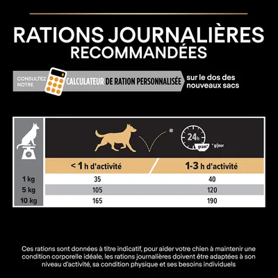 Tableau des rations journalières recommandées pour chiens : 1 kg 35–40 g, 5 kg 105–120 g, 10 kg 165–190 g selon activité. Calculateur de ration personnalisée mentionné.