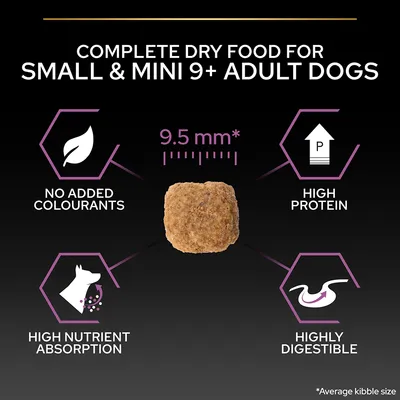 Complete dry food for small & mini 9+ adult dogs. Kibble size 9.5 mm. No added colourants, high protein, high nutrient absorption, highly digestible. Text in English.