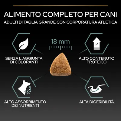 Alimento completo per cani adulti di taglia grande con corporatura atletica, crocchetta 18 mm, senza l'aggiunta di coloranti, alto contenuto proteico, alto assorbimento dei nutrienti, alta digeribilità.