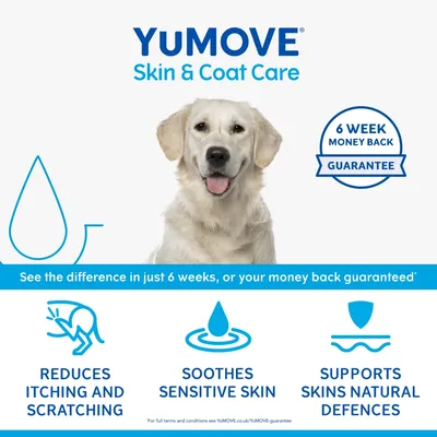 YuMOVE Skin & Coat Care with 6 week money back guarantee. Claims: reduces itching and scratching, soothes sensitive skin, supports skin’s natural defences. See results in 6 weeks.