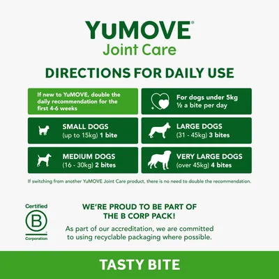 YuMOVE Joint Care daily use directions: double dose for first 4-6 weeks if new. Under 5kg, half bite; up to 15kg, 1 bite; 16-30kg, 2 bites; 31-45kg, 3 bites; over 45kg, 4 bites.