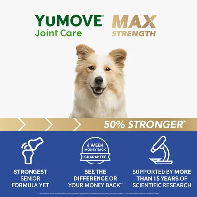 YuMOVE Joint Care Max Strength. 50% stronger. Strongest senior formula yet. 6 week money back guarantee. Supported by more than 15 years of scientific research.