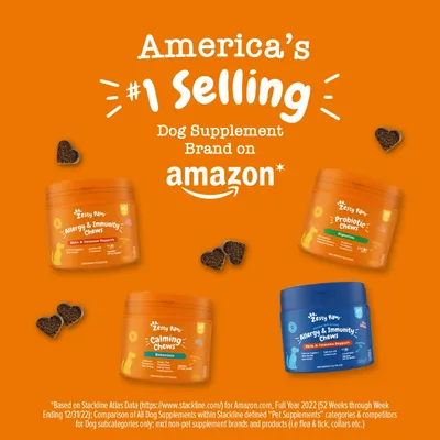 America's number one selling dog supplement brand on Amazon. Visible products: Allergy & Immunity Chews, Probiotic Chews, Calming Chews. Heart-shaped chews shown around containers.