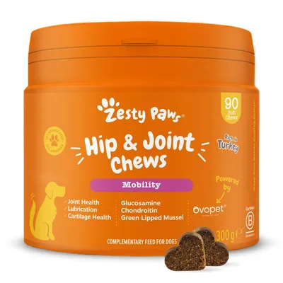 Hip & Joint Chews for mobility with glucosamine, chondroitin, green lipped mussel. Supports joint health, lubrication, cartilage health. 90 soft chews, rich in turkey, 300g.