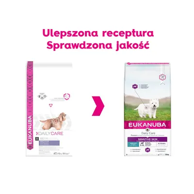 Porównanie opakowań karmy Eukanuba Daily Care: stare po lewej, nowe po prawej. Widoczny napis: Ulepszona receptura, Sprawdzona jakość.