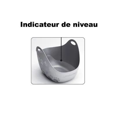 Bac gris en plastique LitterLocker avec motif pattes, flèche indiquant l’indicateur de niveau. Texte visible : Indicateur de niveau.