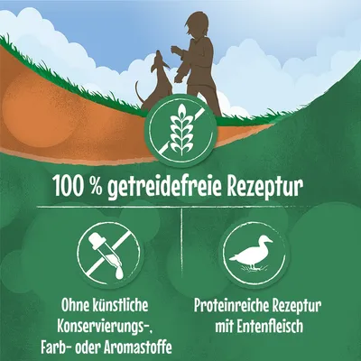 Texte en allemand : 100 % getreidefreie Rezeptur, Ohne künstliche Konservierungs-, Farb- oder Aromastoffe, Proteinreiche Rezeptur mit Entenfleisch