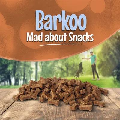 Barkoo Mad about Snacks, friandises en forme d’os pour chien sur une table, texte en anglais visible sur l’image.