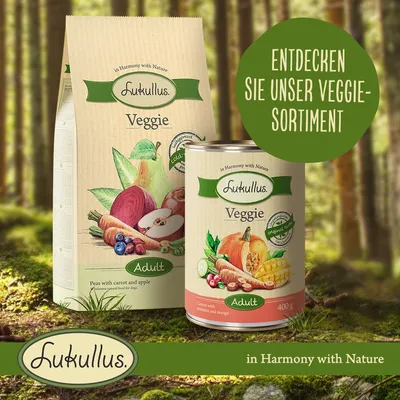 Lukullus Veggie Adult. Entdecken Sie unser Veggie-Sortiment. Trockenfutter mit Erbsen, Karotten und Apfel sowie Nassfutter mit Kürbis und Mango, 400g Dose.