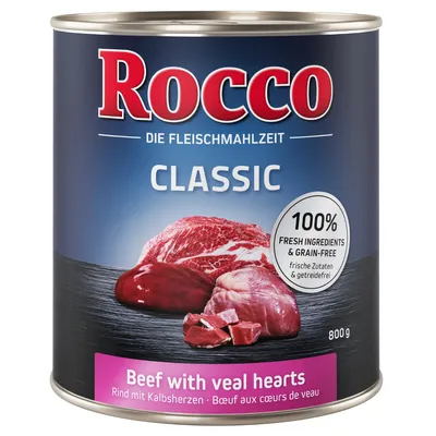 Rocco Classic beef with veal hearts, 100% fresh ingredients and grain-free, 800g tin. Product label shows images of raw beef and veal heart pieces.