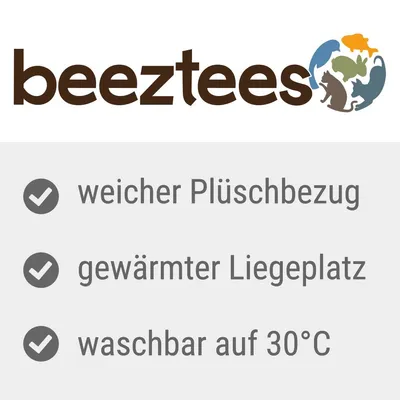 Beeztees. Weicher Plüschbezug, gewärmter Liegeplatz, waschbar auf 30°C.