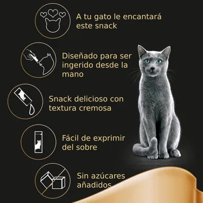 A tu gato le encantará este snack. Diseñado para ser ingerido desde la mano. Snack delicioso con textura cremosa. Fácil de exprimir del sobre. Sin azúcares añadidos.