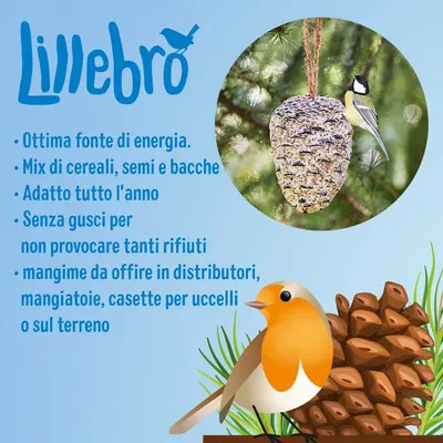 Lillebro. Ottima fonte di energia. Mix di cereali, semi e frutti di bosco. Adatto tutto l'anno. Senza gusci per non provocare tanti rifiuti. Mangime da offrire in distributori, mangiatoie, casette per uccelli o sul terreno.